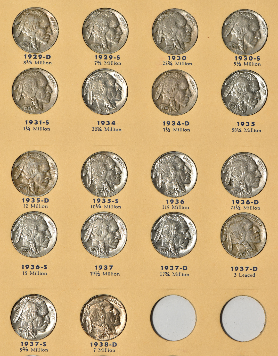 Collection of 65 different Buffalo nickels 1913 Ty. 1 through 1938-D (no 1918/17-D) in a Library of Coins album