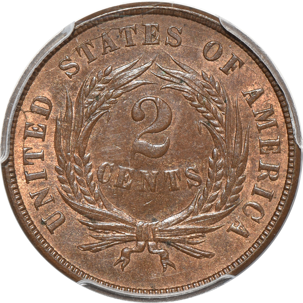 1864 Large Motto, and an 1865, both PCGS MS-64RB