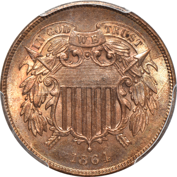 1864 Large Motto, and an 1865, both PCGS MS-64RB