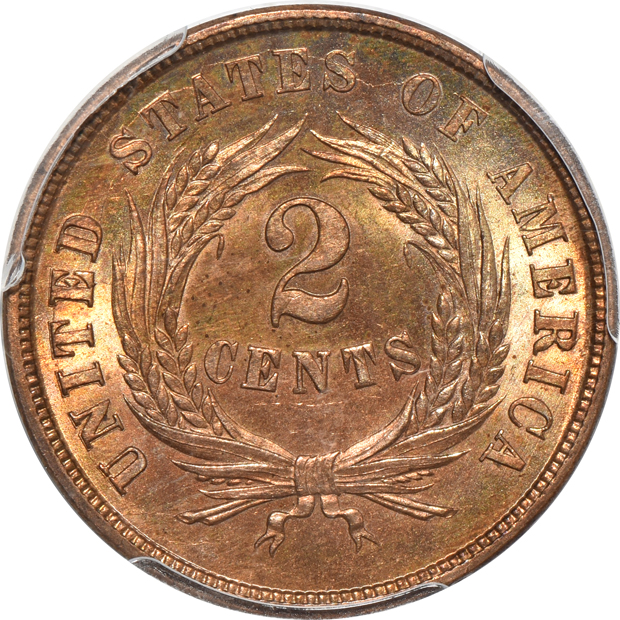 1864 Large Motto, and an 1865, both PCGS MS-64RB