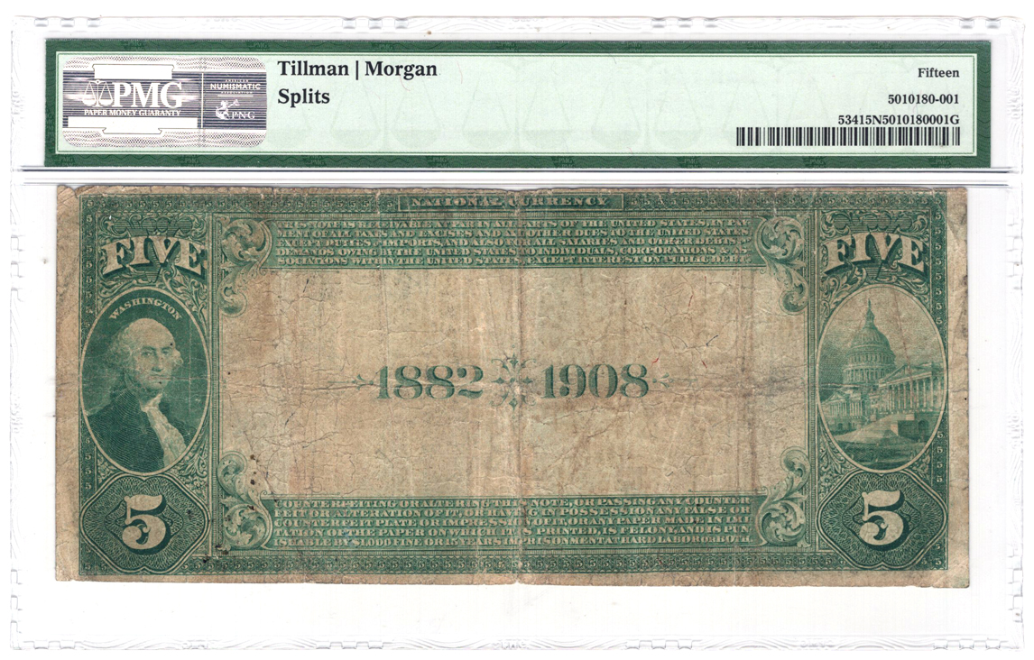1882 $5 Date Back - Salt Lake City, UT Charter #4341 - PMG F-15/splits