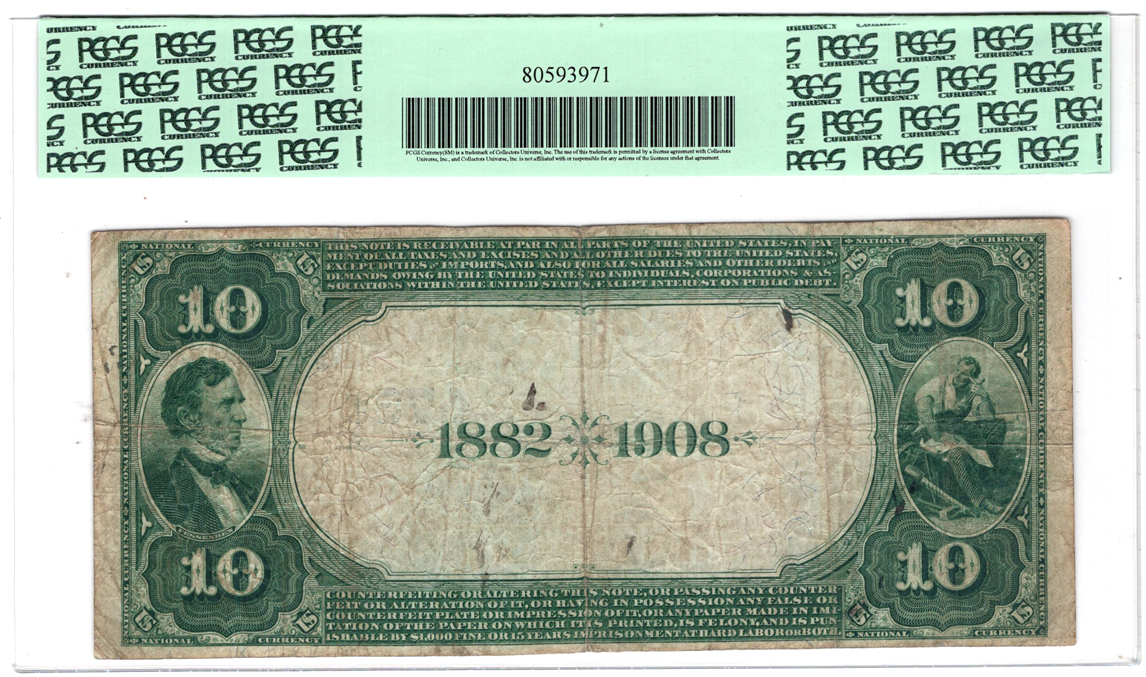 1882 $10 Date Back - Merrill, WI Charter #4736 - PCGS F-15