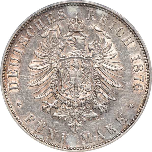 Germany -1875-H 5 mark XF-45, 1876-H 5 mark XF-45, and a 1904 2 mark PR-62, all PCGS