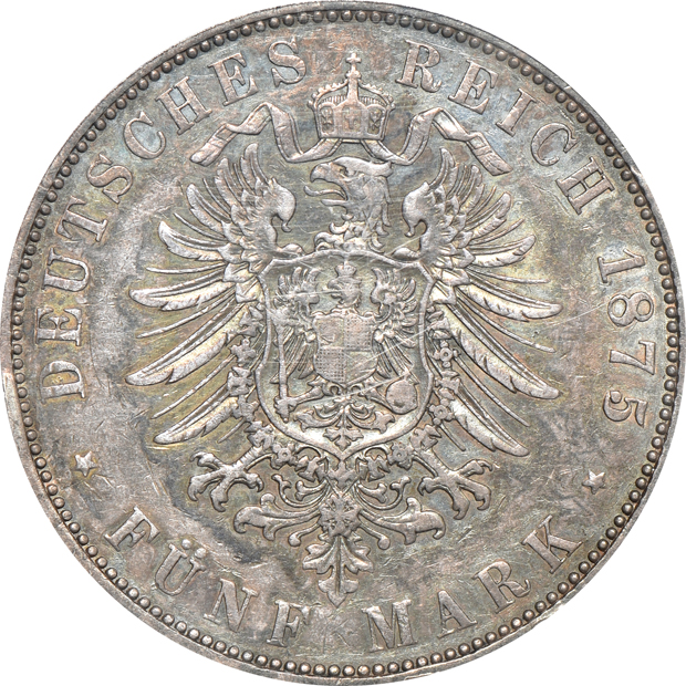 Germany -1875-H 5 mark XF-45, 1876-H 5 mark XF-45, and a 1904 2 mark PR-62, all PCGS