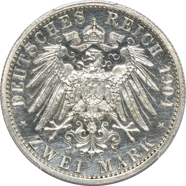 Germany -1875-H 5 mark XF-45, 1876-H 5 mark XF-45, and a 1904 2 mark PR-62, all PCGS