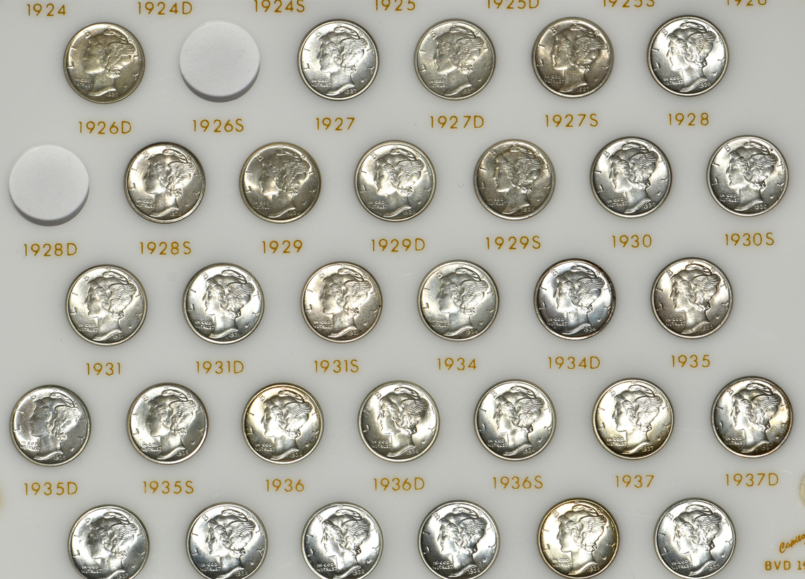 Collection of 71 different Mercury dimes in a Capital Plastics holder