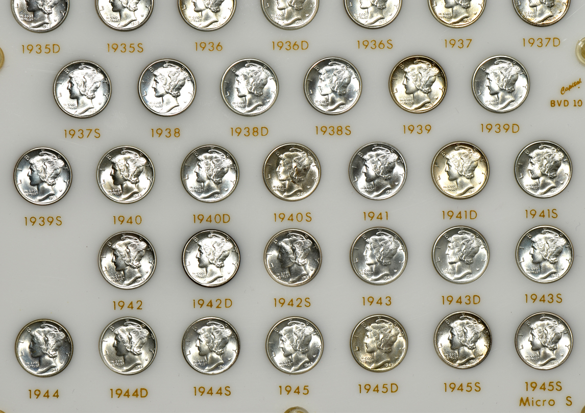 Collection of 71 different Mercury dimes in a Capital Plastics holder