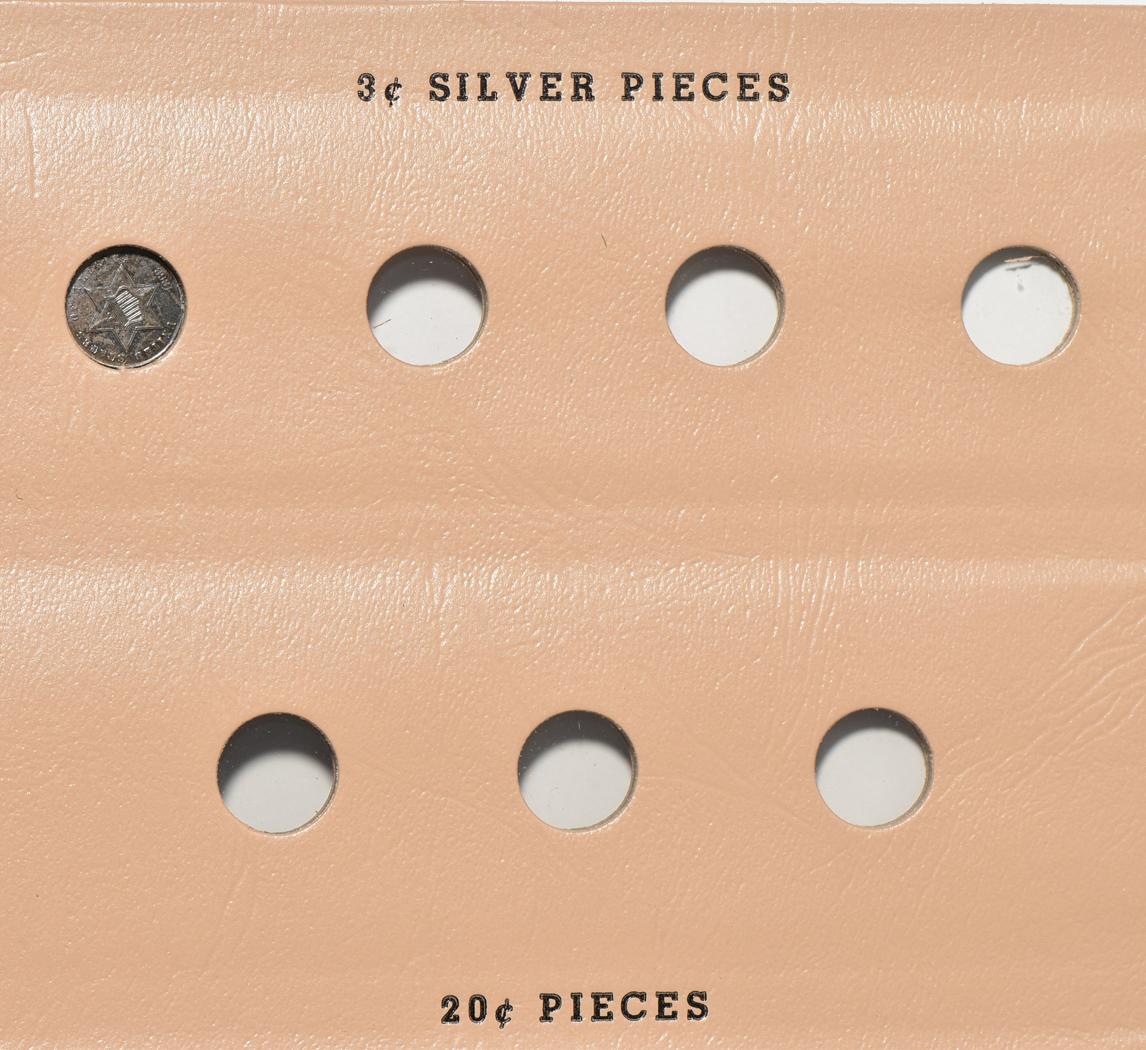 Thirteen different three-cent silver pieces in a Dansco 6109 album