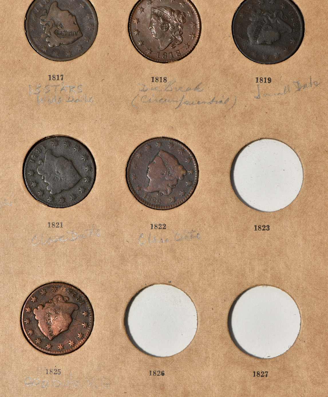 Collection of 28 different large cents and 130 small cents in a Wayte Raymond National Coin album