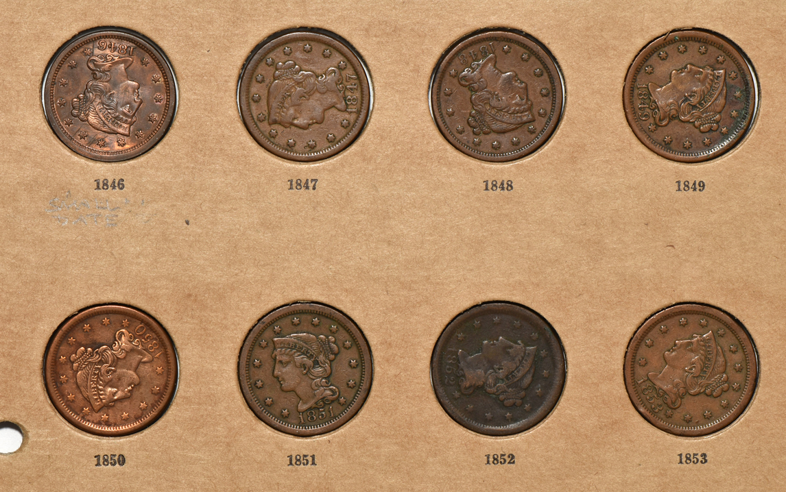 Collection of 28 different large cents and 130 small cents in a Wayte Raymond National Coin album