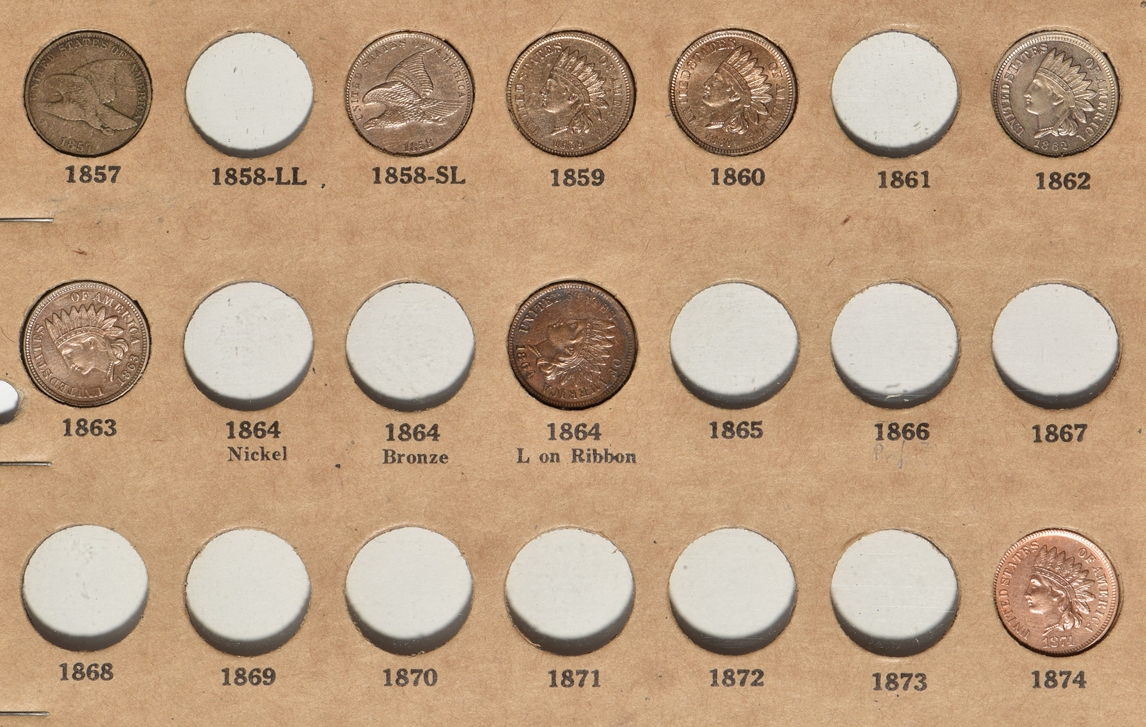 Collection of 28 different large cents and 130 small cents in a Wayte Raymond National Coin album