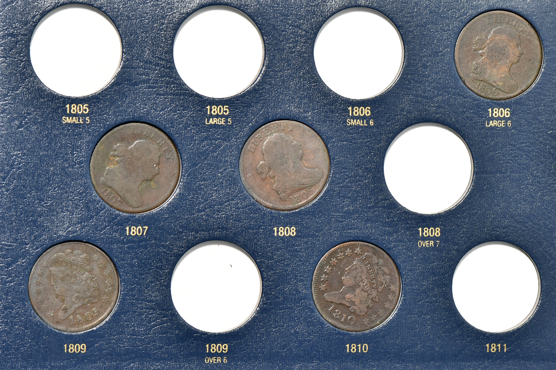 Collection of 25 half-cents in a Whitman Classic 9109 album