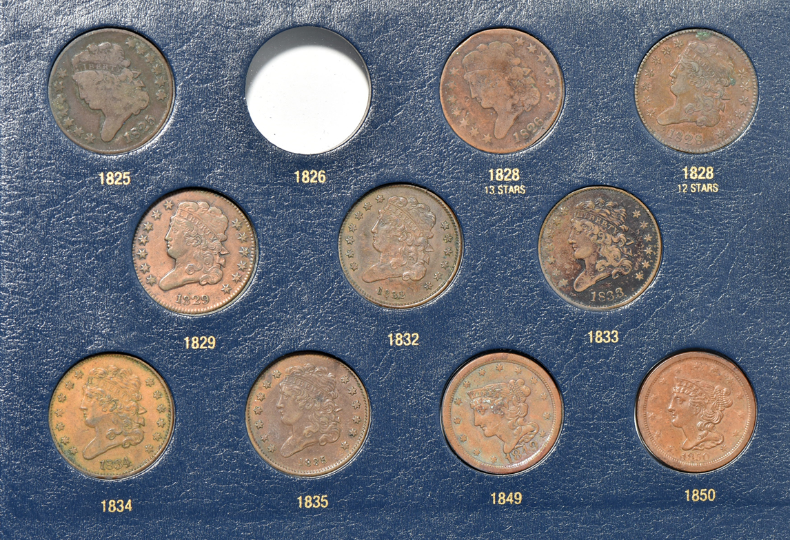 Collection of 25 half-cents in a Whitman Classic 9109 album