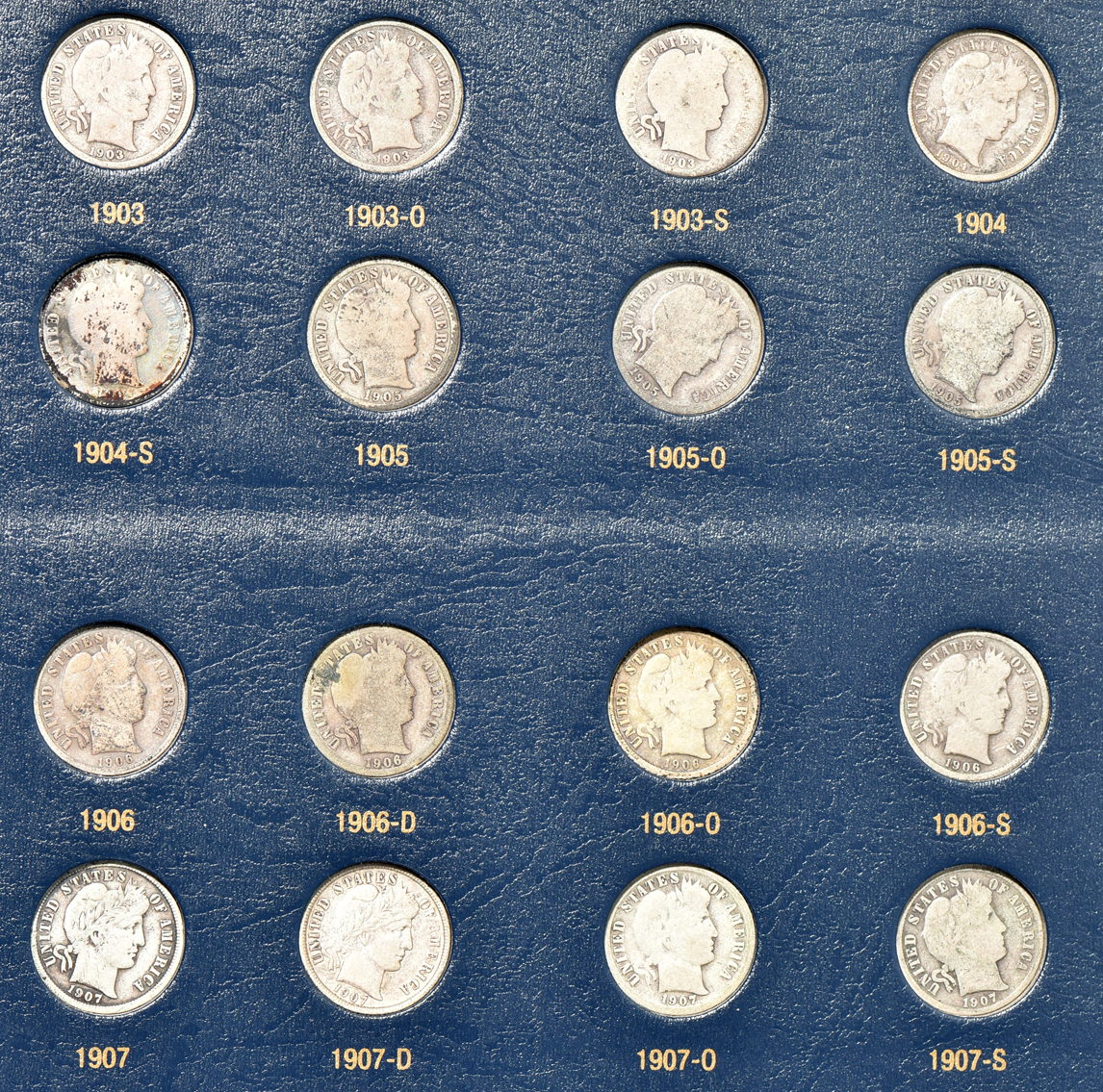 Collection of Barber dimes in a Whitman Classic 9117 album