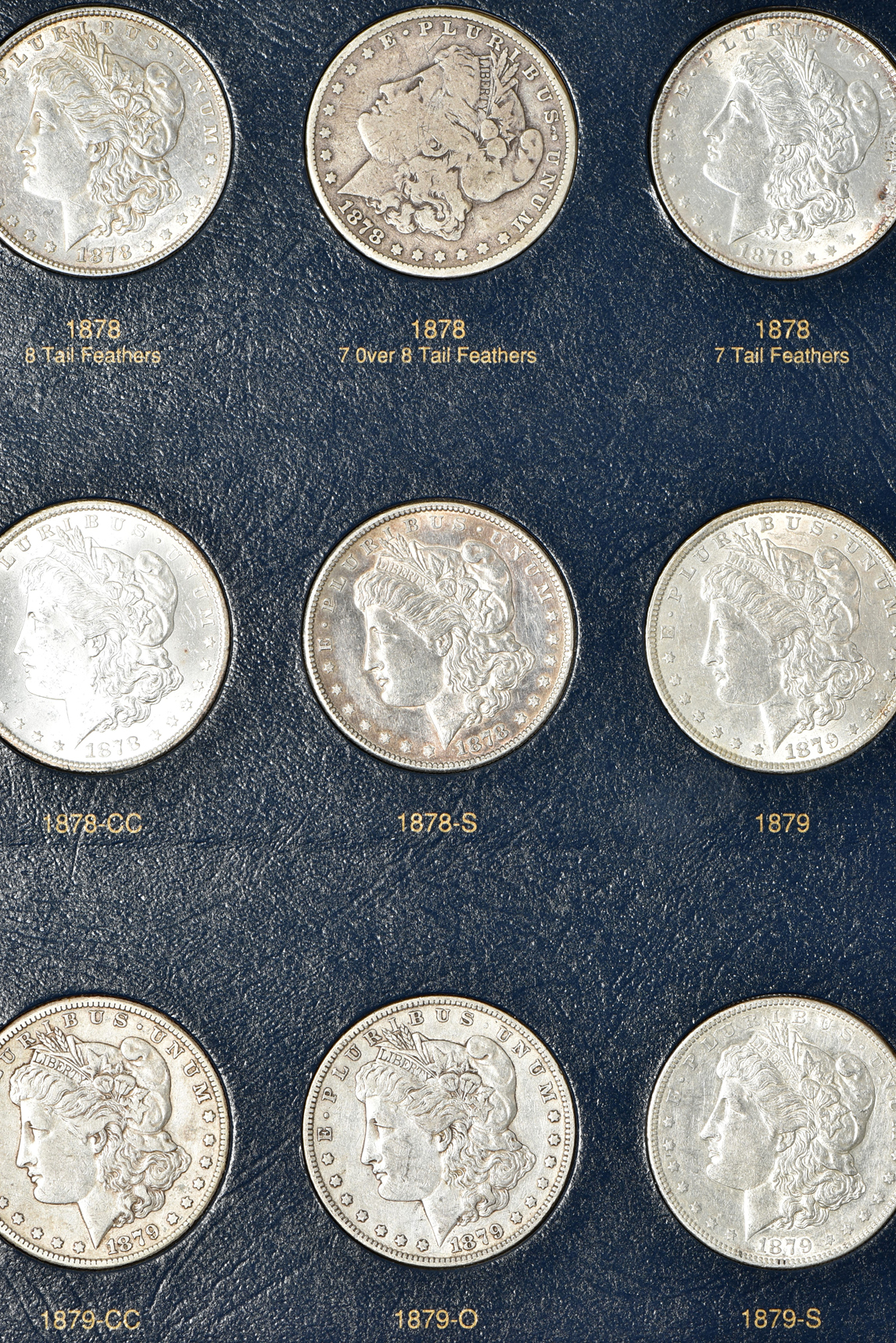 Collection of 54 different Morgan silver dollars, 1878 through 1891-S, in a Whitman classic 9128 album