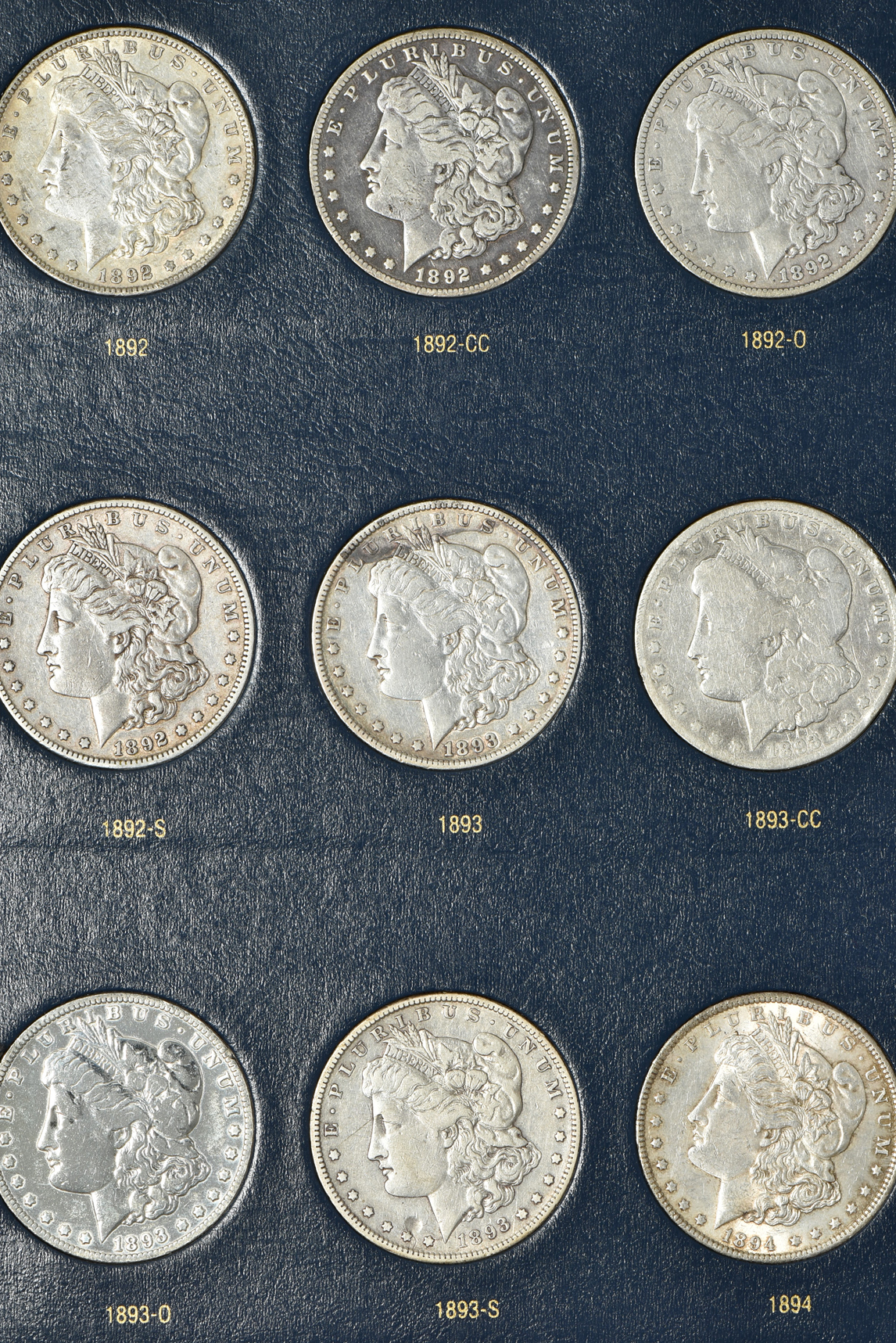 Collection of 43 different Morgan silver dollars, 1892 through 1921-S (no 1895), in a Whitman classic 9129 album