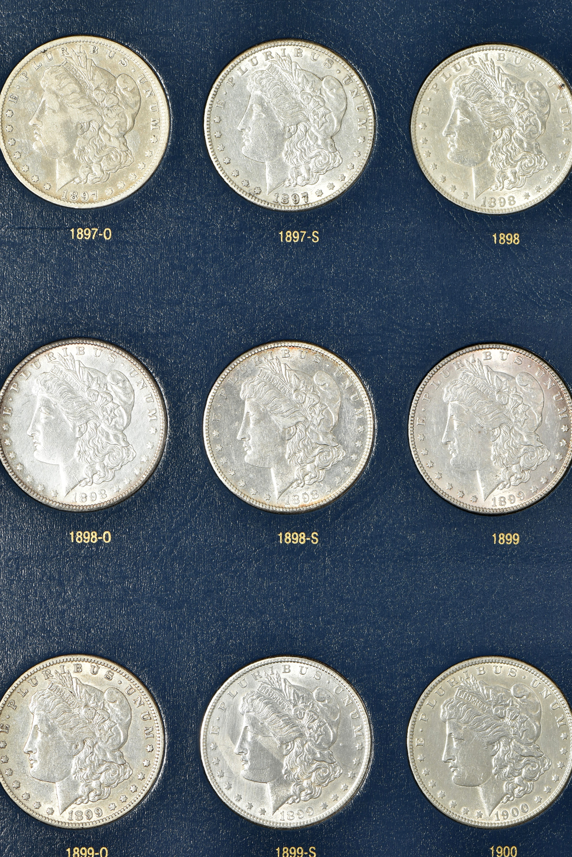 Collection of 43 different Morgan silver dollars, 1892 through 1921-S (no 1895), in a Whitman classic 9129 album
