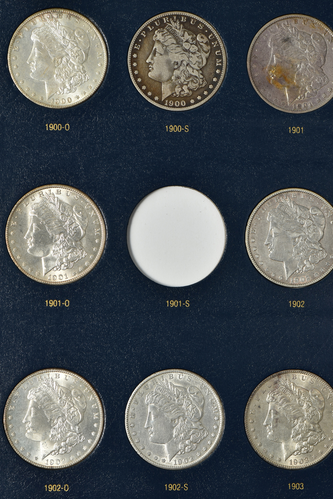 Collection of 43 different Morgan silver dollars, 1892 through 1921-S (no 1895), in a Whitman classic 9129 album