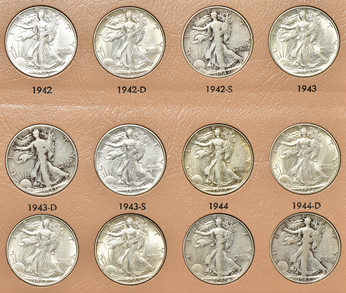 Complete collection of Walking Liberty half-dollars in a Dansco 7160 album