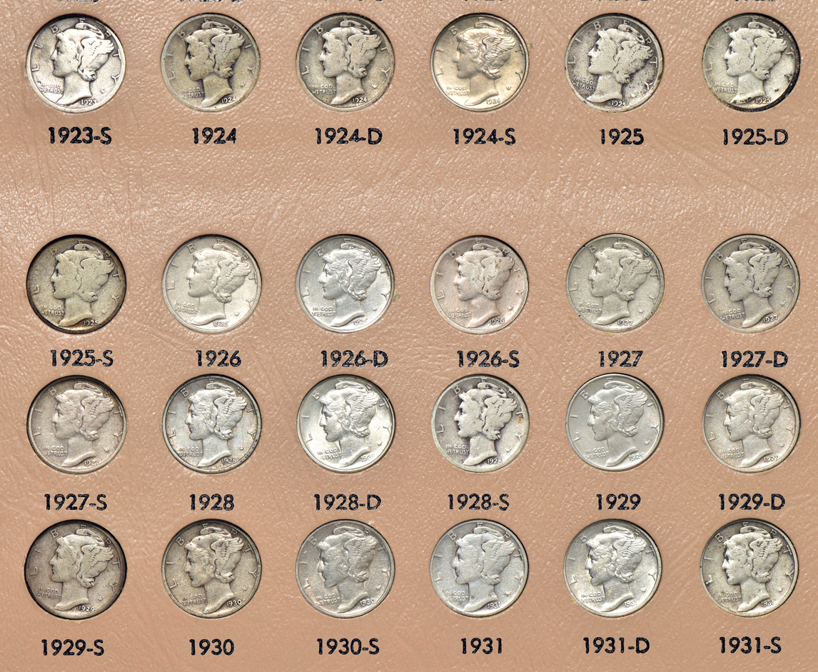 Complete collection of Mercury dimes in a Dansco 7123 album