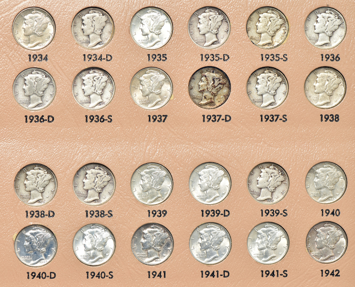Complete collection of Mercury dimes in a Dansco 7123 album