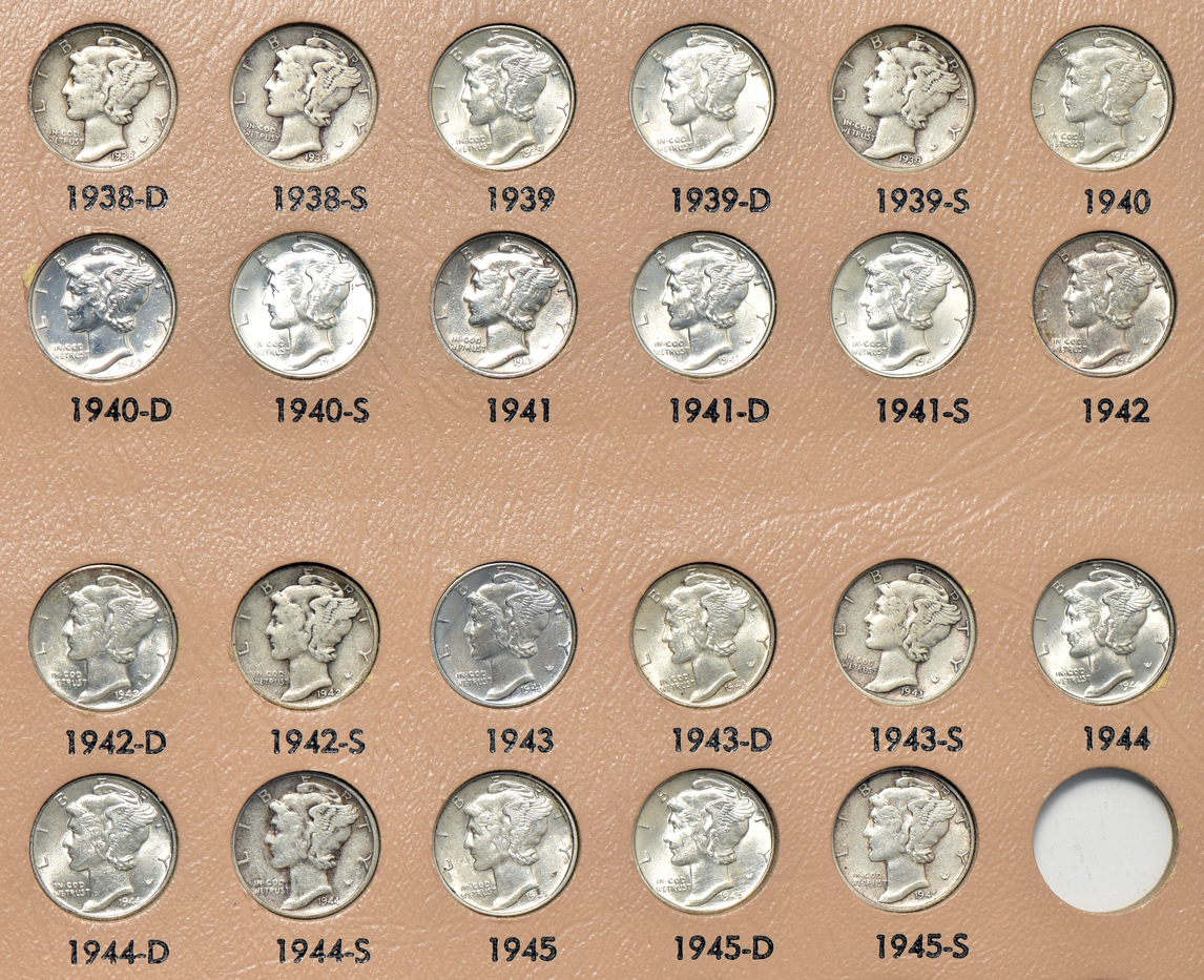 Complete collection of Mercury dimes in a Dansco 7123 album