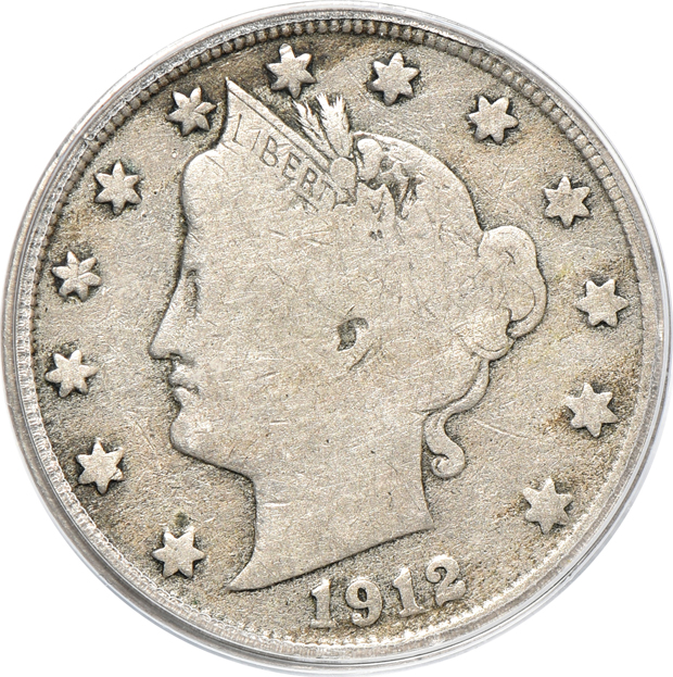 1909-S Indian cent VF-25, 1912-S Liberty nickel F-12, and a 1937-D three-legged Buffalo nickel F-15, all PCGS