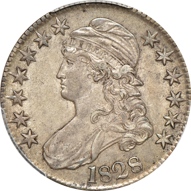 1825 VF-35, 1828 Curl Base 2, No Knob AU-50, and an 1836 Lettered Edge AU-55, all PCGS