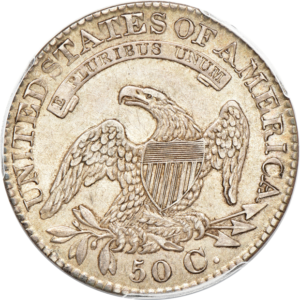 1825 VF-35, 1828 Curl Base 2, No Knob AU-50, and an 1836 Lettered Edge AU-55, all PCGS