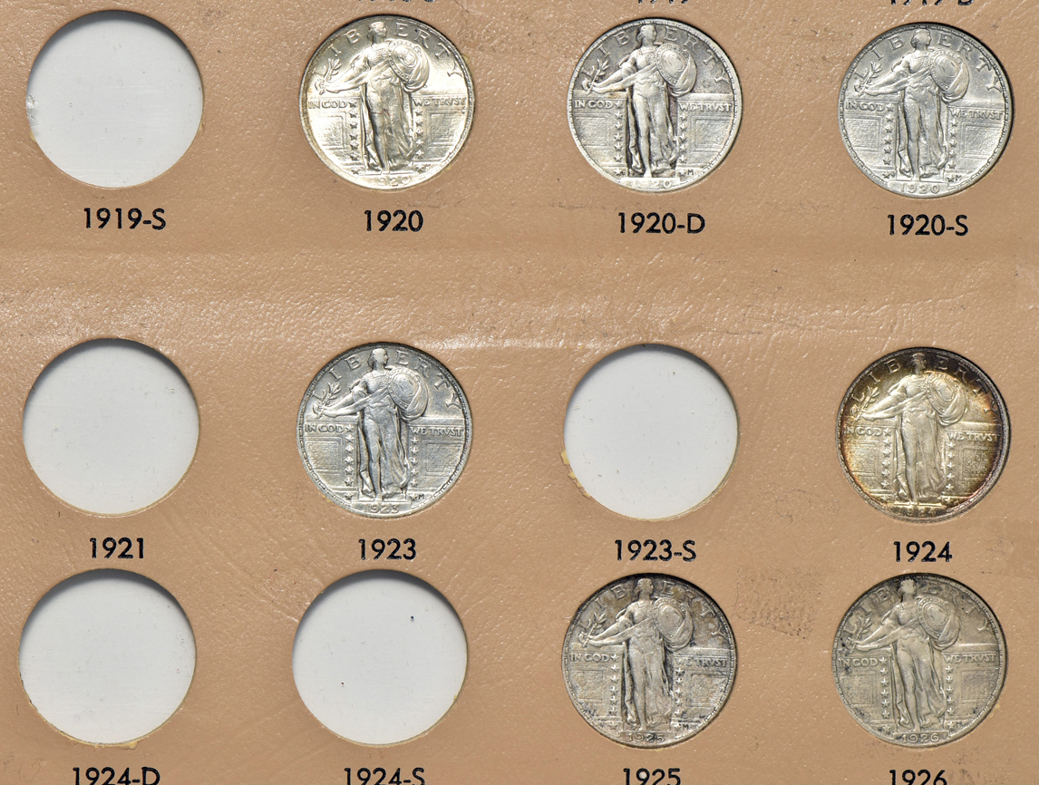 Group of 27 different Standing Liberty quarters in a Dansco 7132 album
