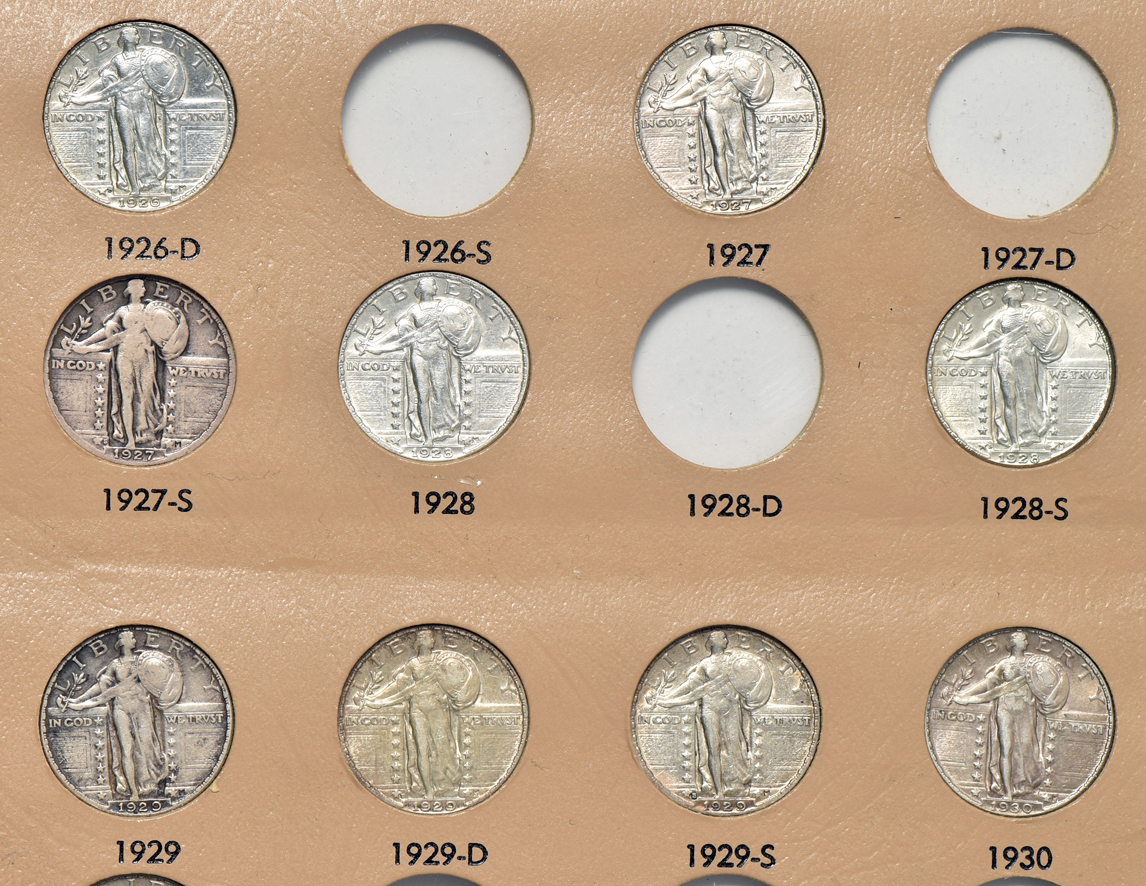 Group of 27 different Standing Liberty quarters in a Dansco 7132 album