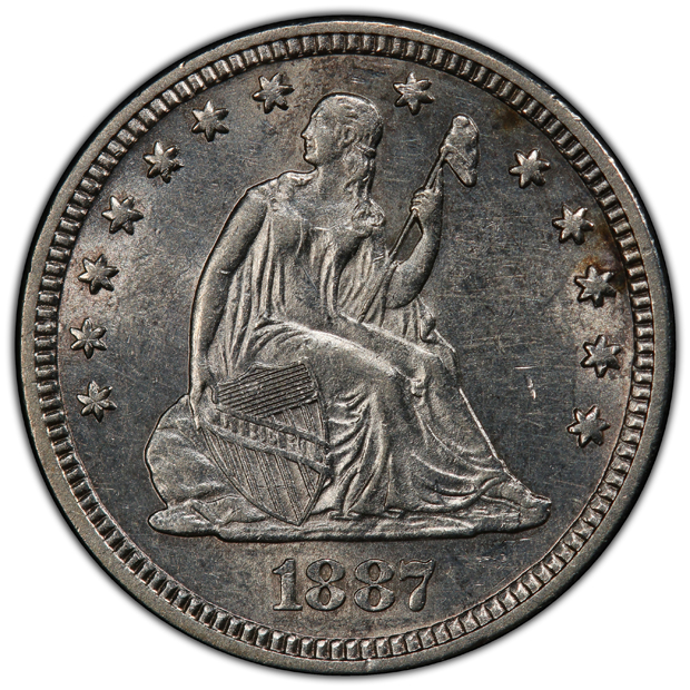 1877-CC Seated Liberty half-dollar AU-50, and an 1887 Seated Liberty quarter AU-55, both PCGS