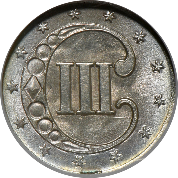 1835 three-cent silver MS-64, and an 1865 two-cent piece MS-64 RB, both NGC