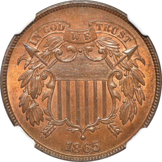 1835 three-cent silver MS-64, and an 1865 two-cent piece MS-64 RB, both NGC