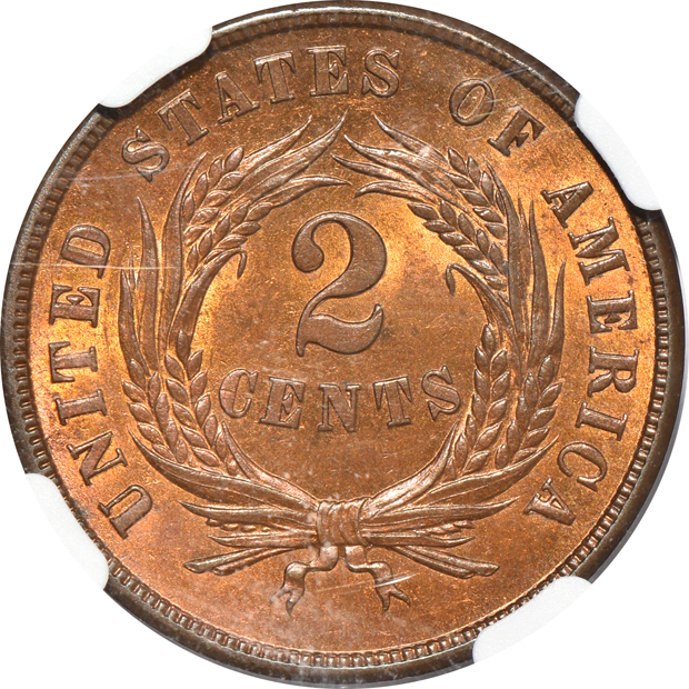 1835 three-cent silver MS-64, and an 1865 two-cent piece MS-64 RB, both NGC