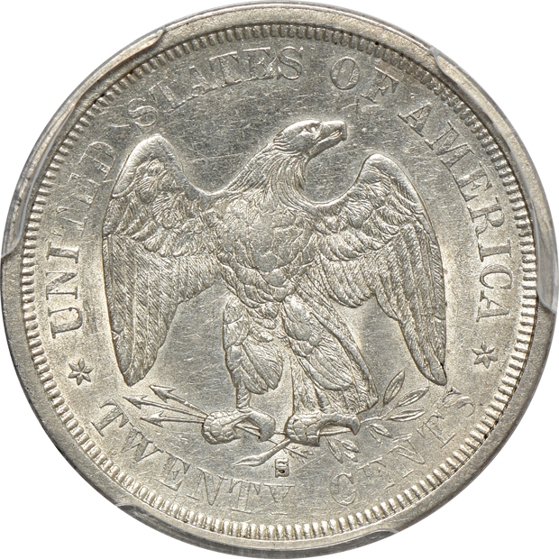 1834 Capped Bust quarter VF-35, 1851 half-cent AU-55, and an 1875-S twenty-cent piece AU-53, all PCGS