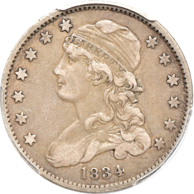 1834 Capped Bust quarter VF-35, 1851 half-cent AU-55, and an 1875-S twenty-cent piece AU-53, all PCGS