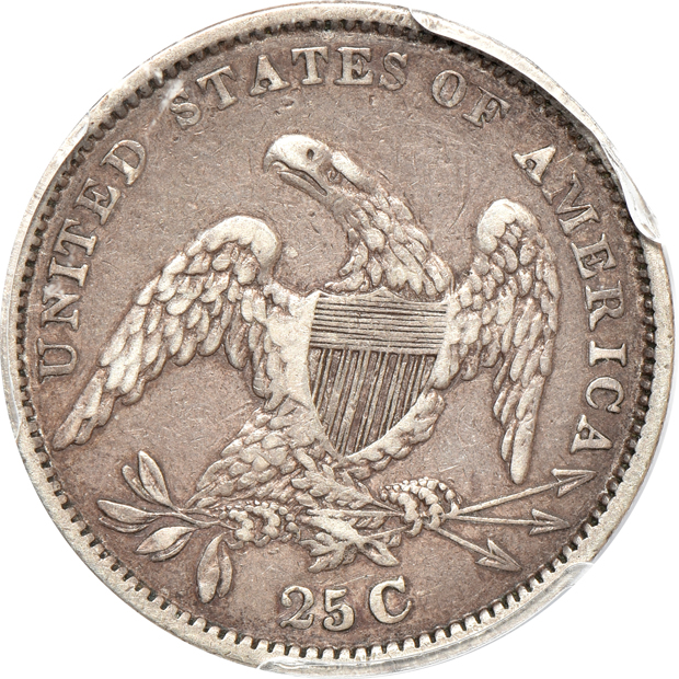 1834 Capped Bust quarter VF-35, 1851 half-cent AU-55, and an 1875-S twenty-cent piece AU-53, all PCGS