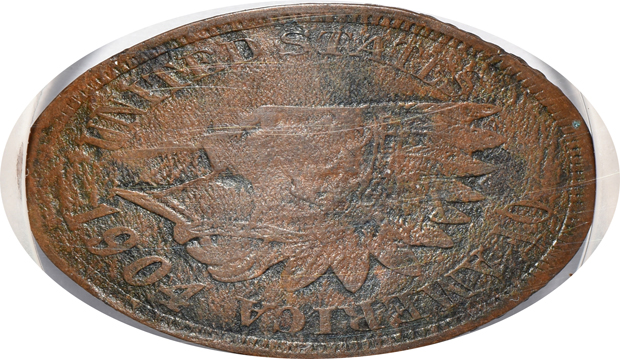 Finest known 1904 The Pike Souvenir elongated cent NGC MS-67 RB, plus two additional 1904 World's Fair elongated cents
