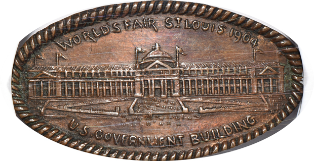 Finest known 1904 The Pike Souvenir elongated cent NGC MS-67 RB, plus two additional 1904 World's Fair elongated cents