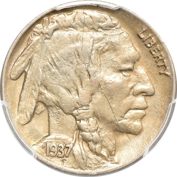 1921 Standing Liberty quarter, and a 1937-D three-legged Buffalo nickel, both PCGS AU details/scratch