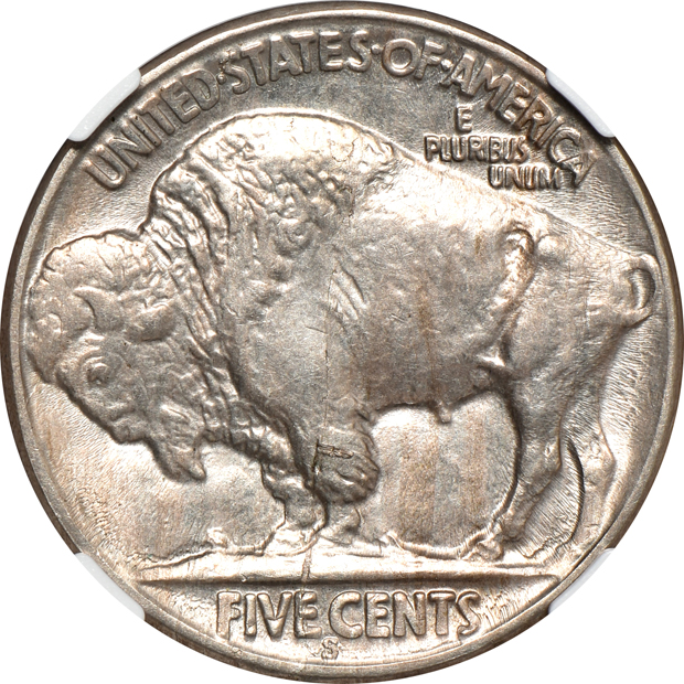 Error - 1921-S Buffalo nickel NGC MS-64 reverse lamination