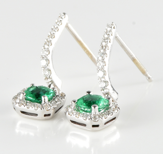 14K White Gold Diamond and Emerald Earrings