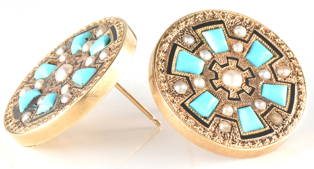 14K Yellow Gold Turquoise and Pearl Earrings
