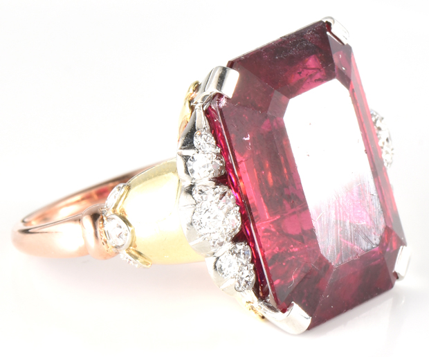 14K Tri-Tone Retro Ring with a Purplish Red Tourmaline, GIA #2211837260