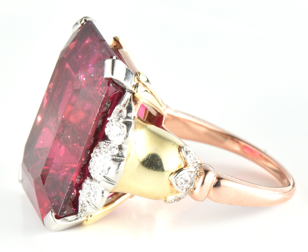14K Tri-Tone Retro Ring with a Purplish Red Tourmaline, GIA #2211837260