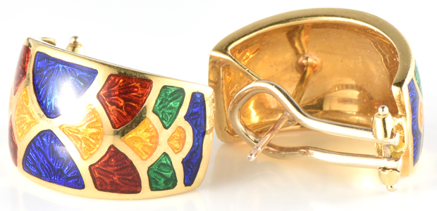 18K Yellow Gold Enamel Earrings