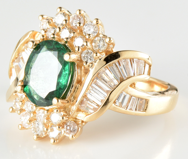 14K Yellow Gold Emerald and Diamond Ring 