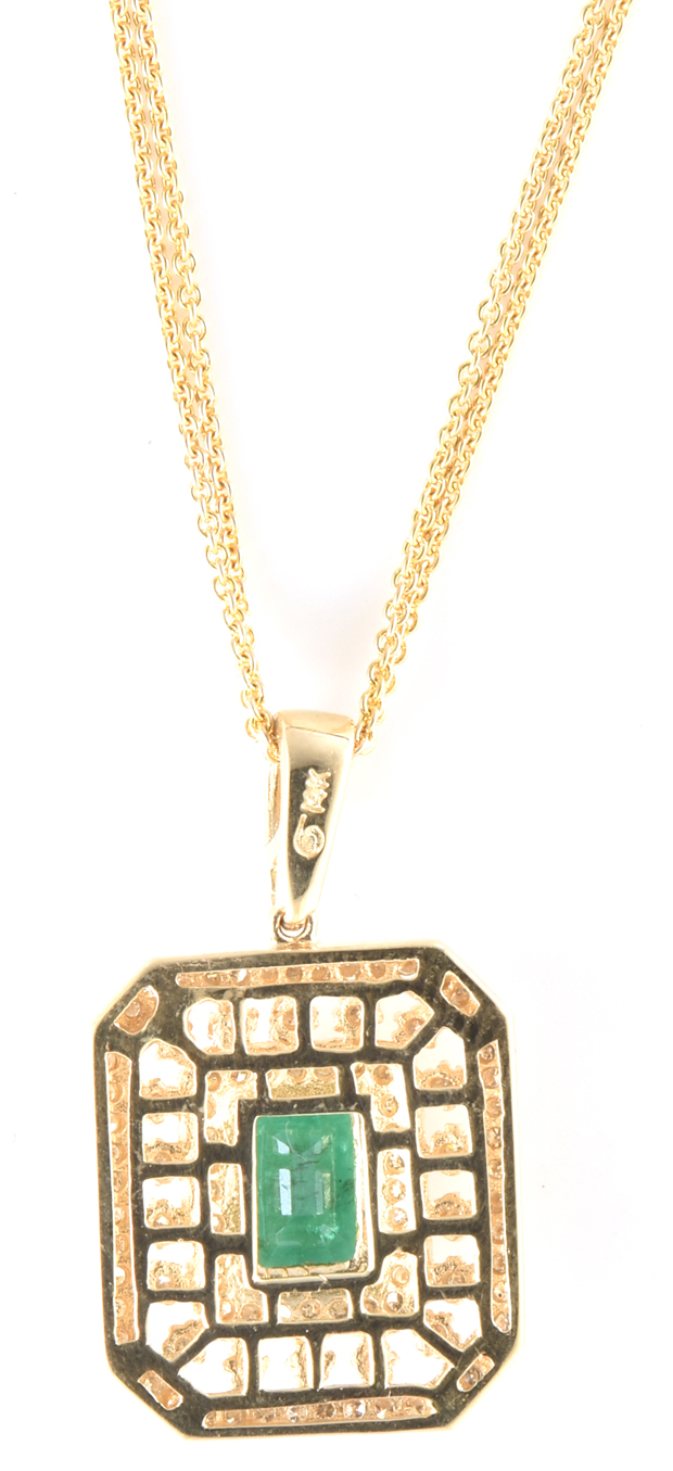 14K Yellow Gold Emerald and Diamond Pendant