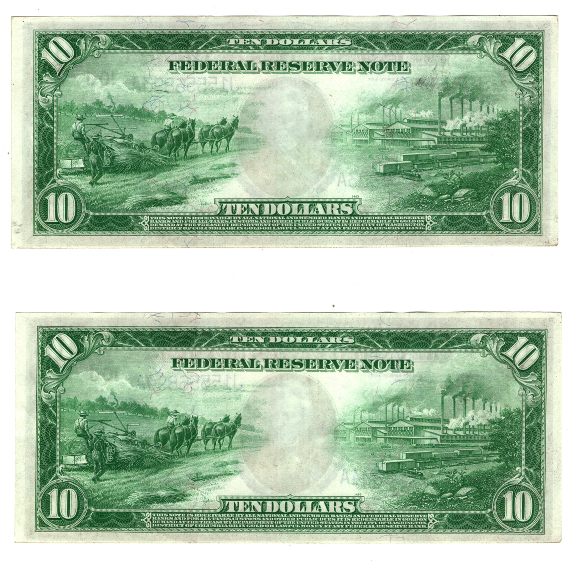 Sequential pair of 1914 $10 Kansas City Blue Seal Fr# 943A - AU